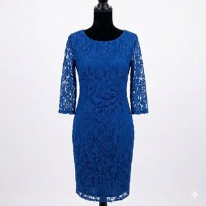 Adrianna Papell Blue Lace Sheer Sleeve Midi Dress Women’s 6